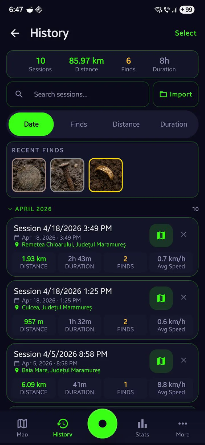 SweepTrack history screen: a summary bar showing sessions, distance, finds and duration, a row of recent find photographs, and dated session cards each listing distance, duration, finds and average speed.