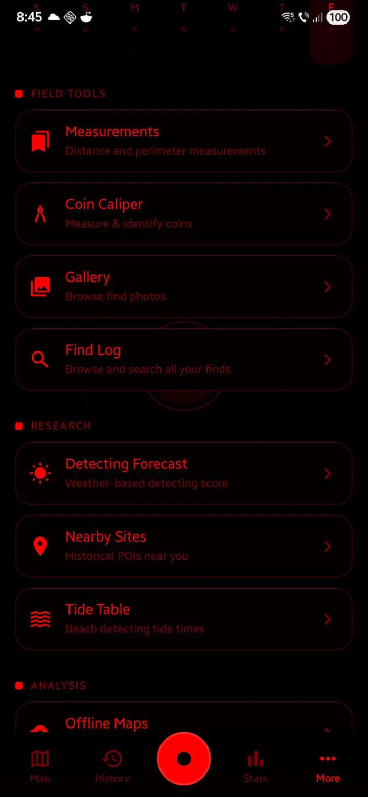 SweepTrack tools screen rendered in night-vision mode: the whole interface in red on black, with grouped field tools, research and analysis entries.