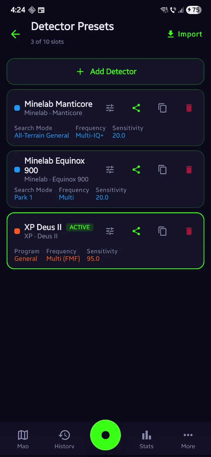 SweepTrack detector presets screen listing saved detector configurations with search mode, frequency and sensitivity for each, and the active preset outlined in green.