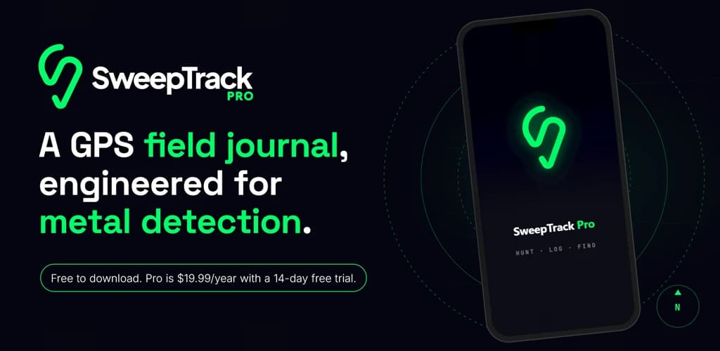 The SweepTrack Google Play feature graphic: the wordmark and mark in green on a near-black field with a map track motif.